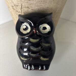 VTG Redware Pottery Owl Figurine MCM Birds Terra Cotta Handpainted Dark Brown 3"